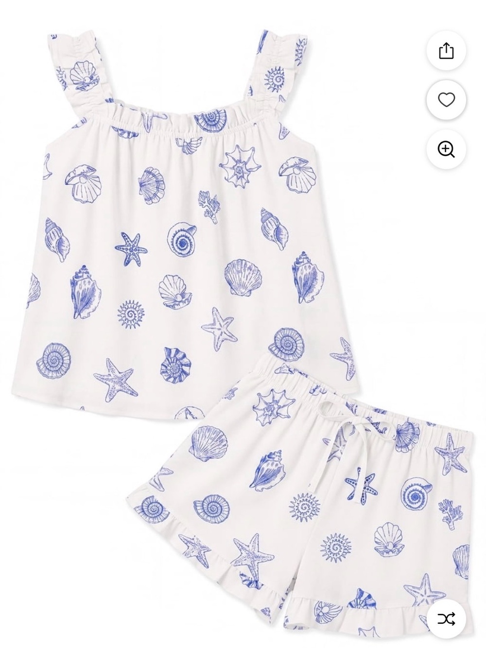 Girls White Seashell-Print Pajama Set with Blue Shells
